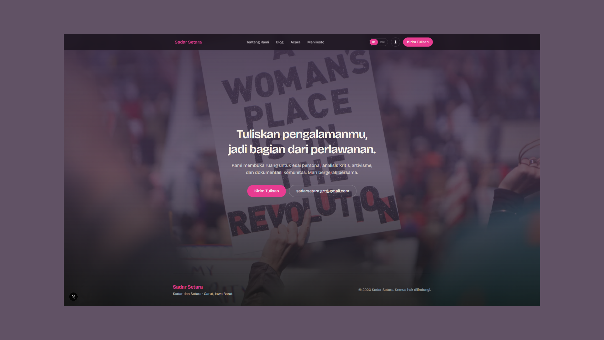 Screenshot web Sadar Setara — ruang esai, blog, dan dokumentasi komunitas